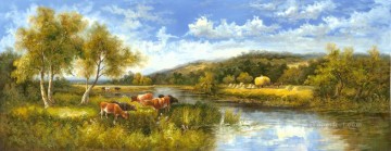 Lake Pond Waterfall Painting - Idyllic Countryside Landscape Farmland Scenery Cattle 0 415 lake landscape
